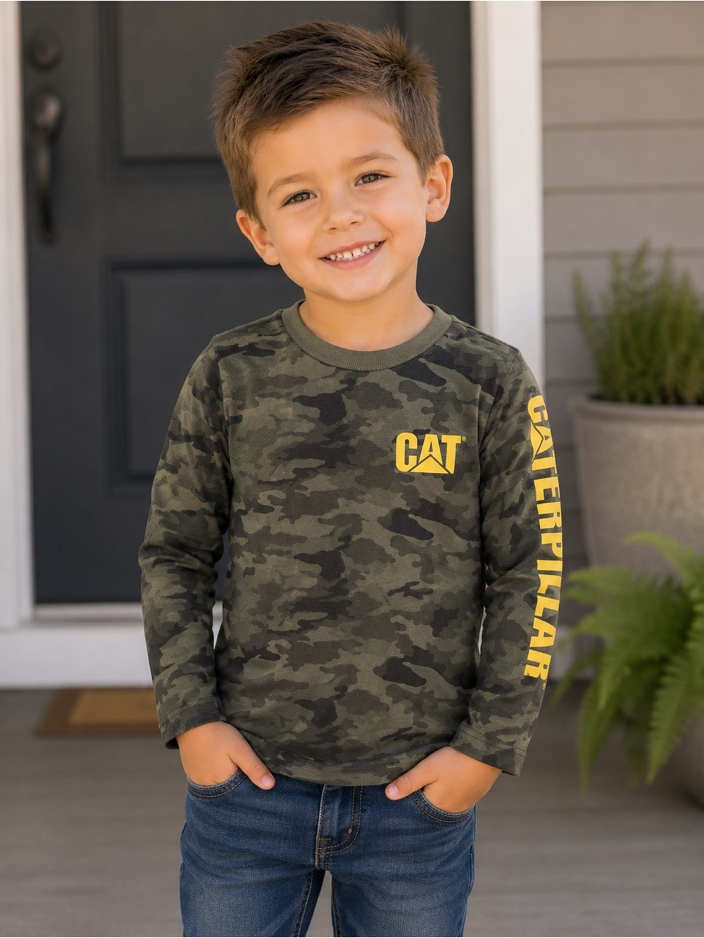 Caterpillar Green Camouflage Long Sleeve Tee with Yellow Logo